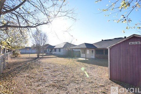 A backyard with a shed and a tree with yellow leaves.