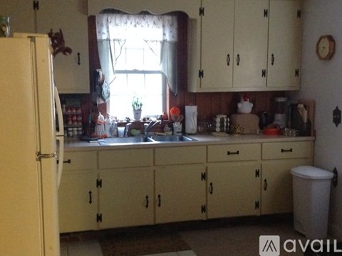 A kitchen with a white refrigerator and cabinets.