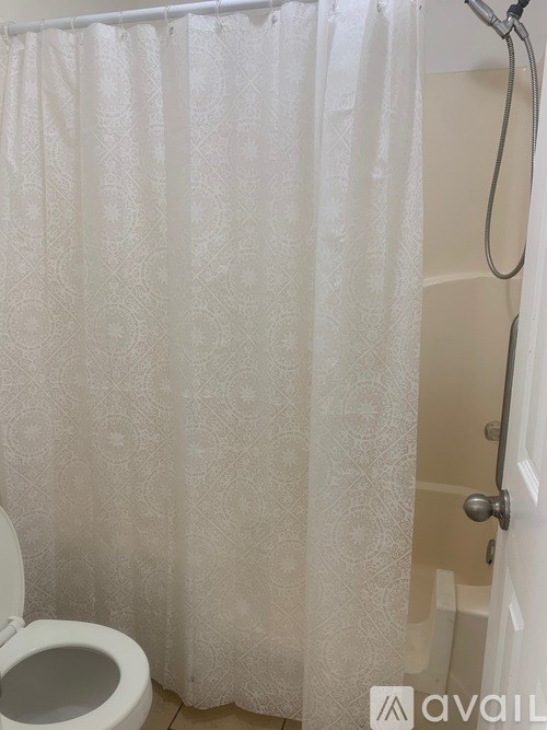 A white shower curtain with a lace pattern hangs in a bathroom.