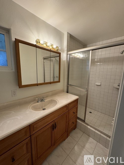 A bathroom with a sink, mirror, and shower.