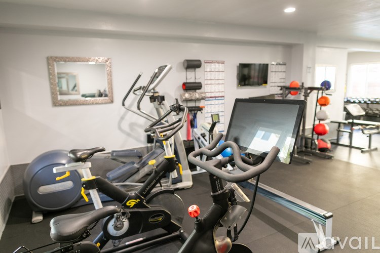 A spinning bike is in a room with a mirror and a TV.