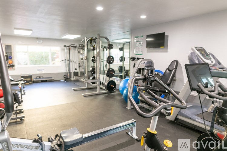 A gym with a variety of equipment including treadmills, weights, and exercise machines.