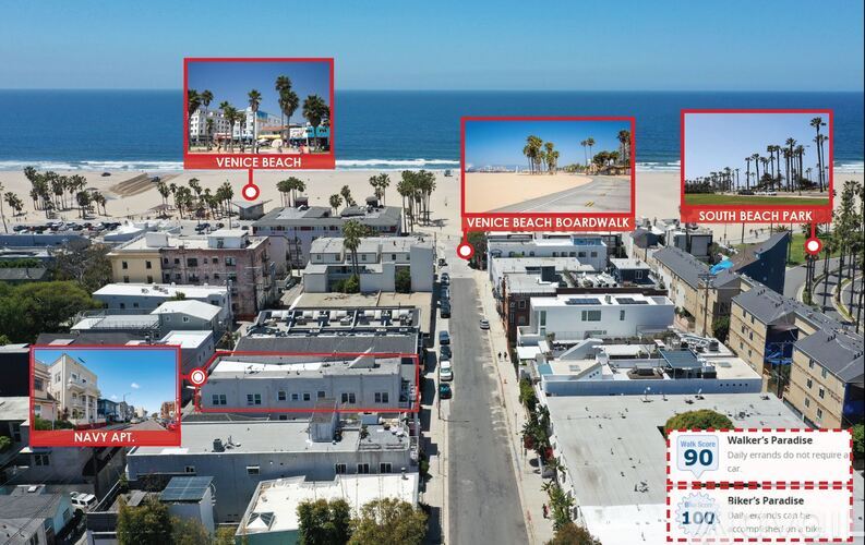 A bird's eye view of a beachfront area with buildings, a beach, and a boardwalk.
