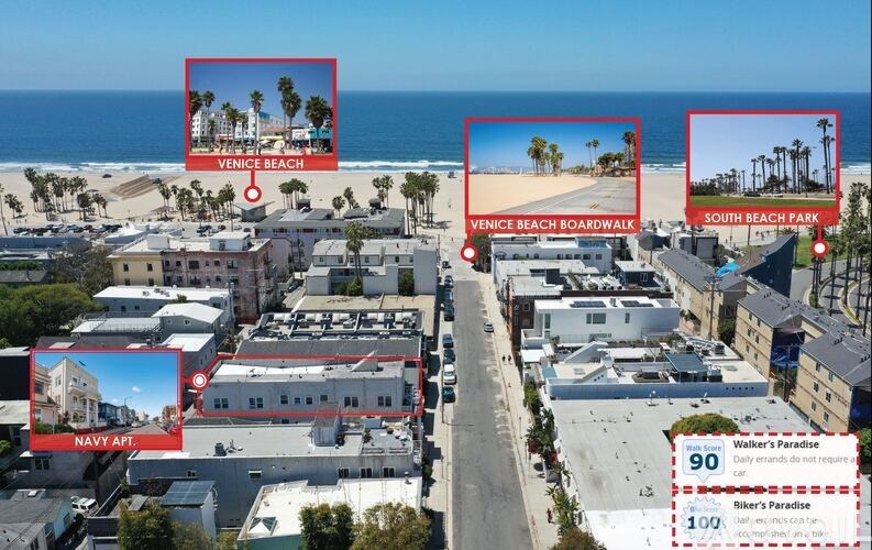 A bird's eye view of a beachfront area with buildings, a beach, and a boardwalk.