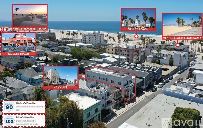 A bird's eye view of a beachfront area with buildings and a boardwalk.