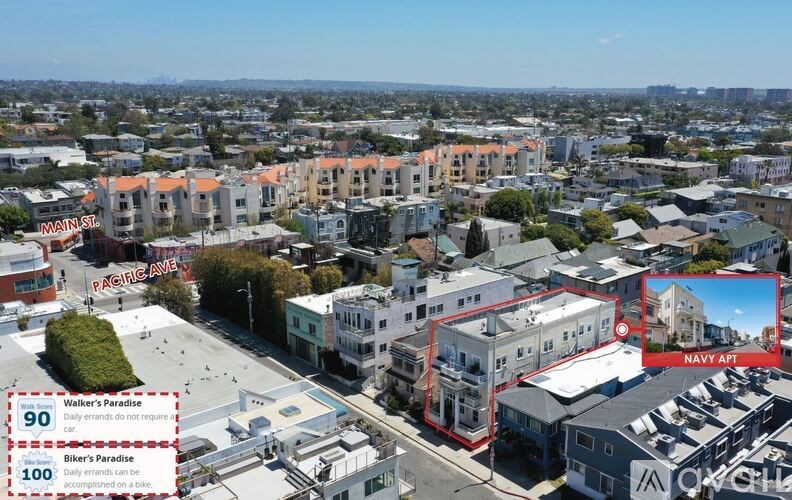 A bird's eye view of a city with a red rectangle highlighting a building on the right.