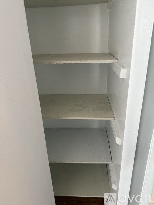 Empty white shelves in a room.