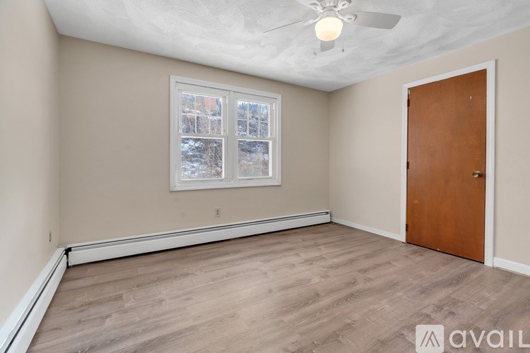 A room with a ceiling fan and a window showing a snowy scene outside.