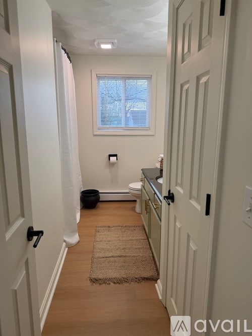 A hallway with a rug on the floor and a door on the left.