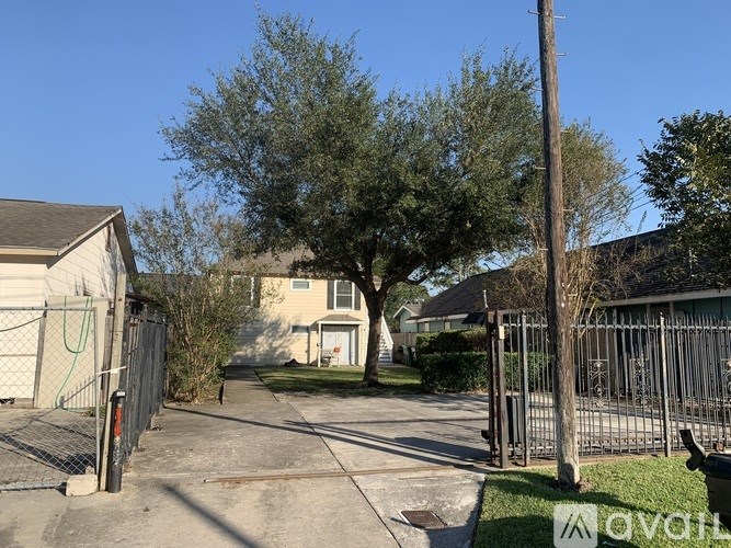 A residential street with houses on both sides and a tree in the middle.