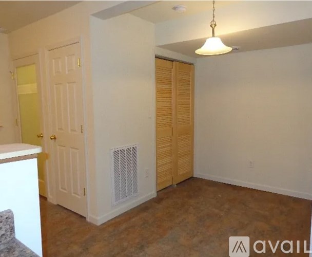 A room with a white door and a brown floor.
