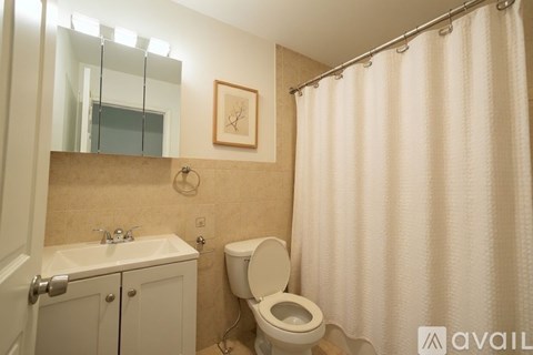 A bathroom with a toilet, sink, and shower curtain.
