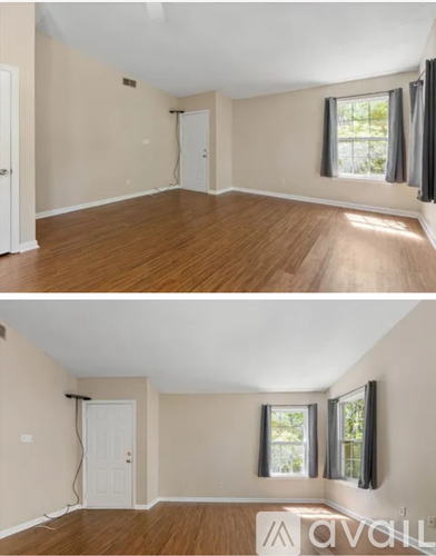 Two images of an empty room with wooden floors and white walls.