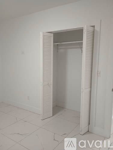A white room with a large open closet door.