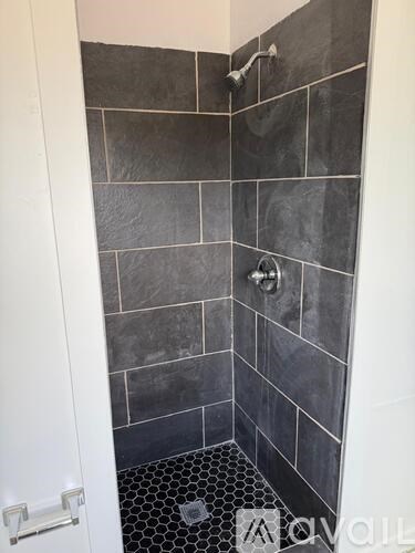A shower area with black tiles and a white door.