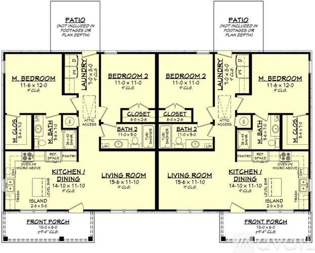 A floor plan of a two-story house with two bedrooms, two bathrooms, a living room, a dining room, a kitchen, and a front porch.