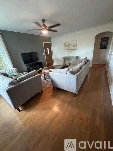 A living room with a television and two couches.