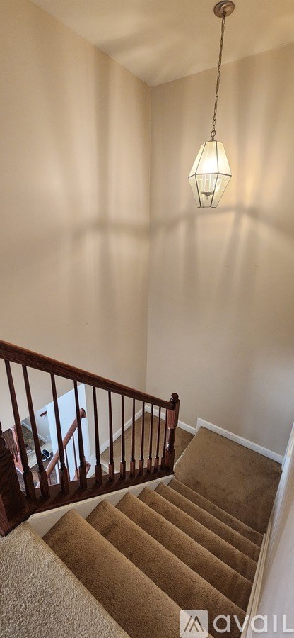A staircase with a beige carpet and a wooden banister.