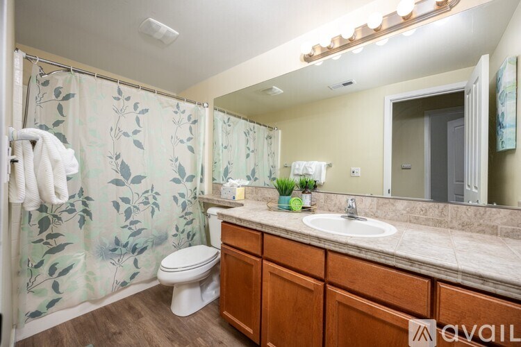 A bathroom with a toilet, sink, and shower.