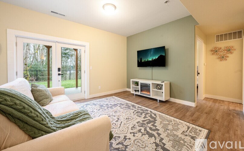 A living room with a couch, a television, and a rug.