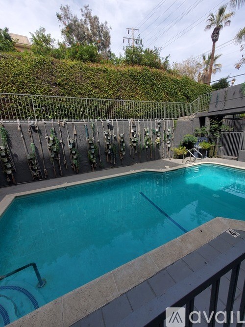 A pool with a diving board and a green hedge in the background.