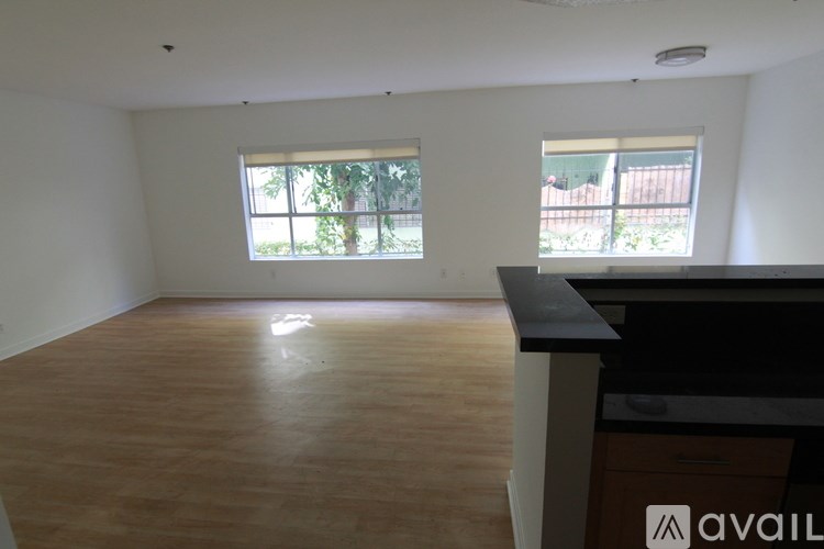 A room with wooden flooring and two windows.