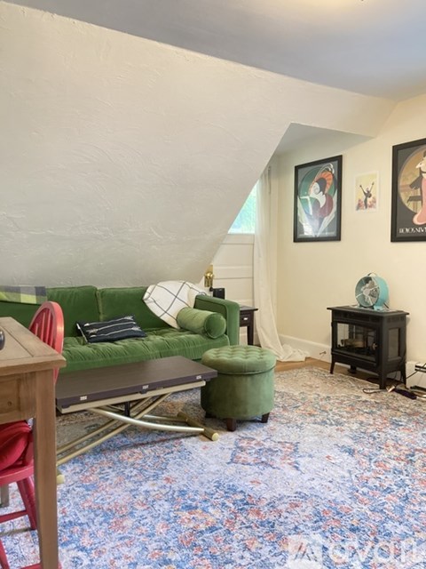 A living room with a green couch and a patterned carpet.