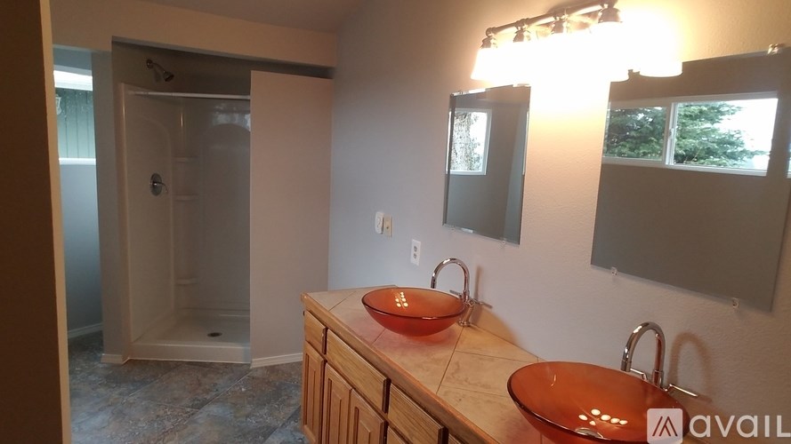 A bathroom with a double sink and a walk-in shower.