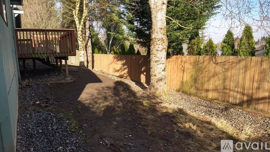 A backyard with a wooden fence and a gravel path.