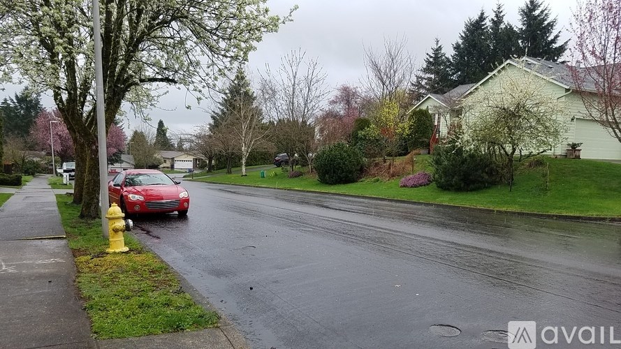 A red car is parked on the side of a wet street.