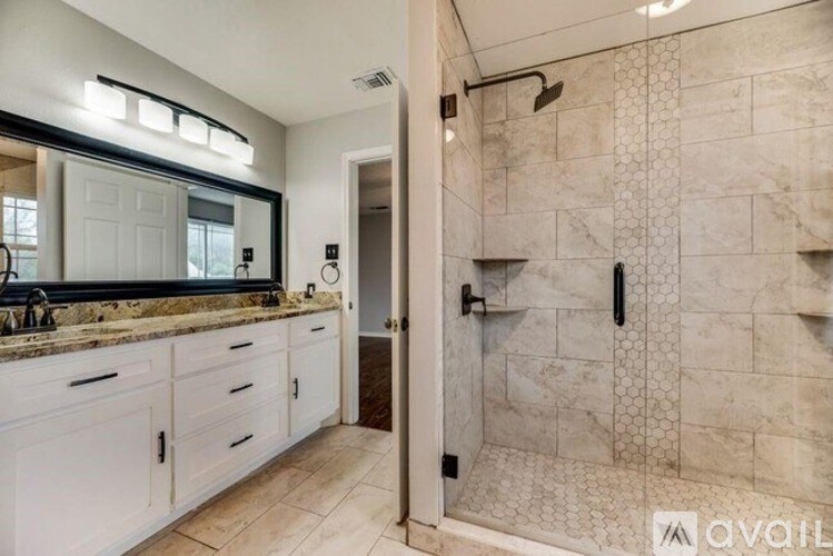 A bathroom with a walk-in shower and a sink.