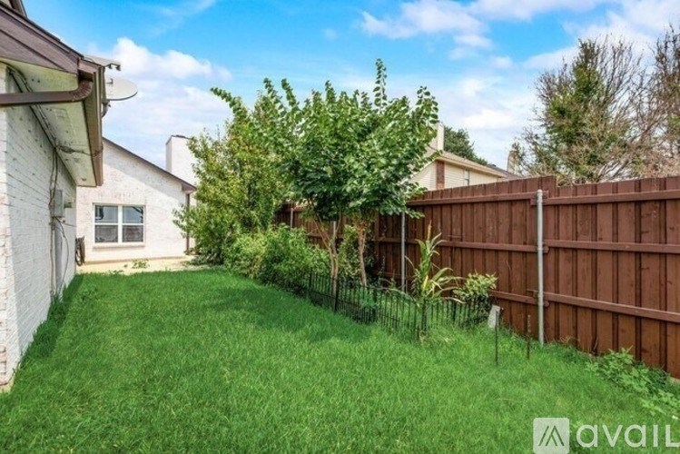 A backyard with a wooden fence and a green lawn.