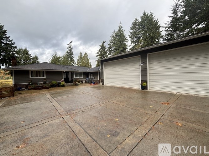 A large, empty driveway leads to a two-story house with a garage door.