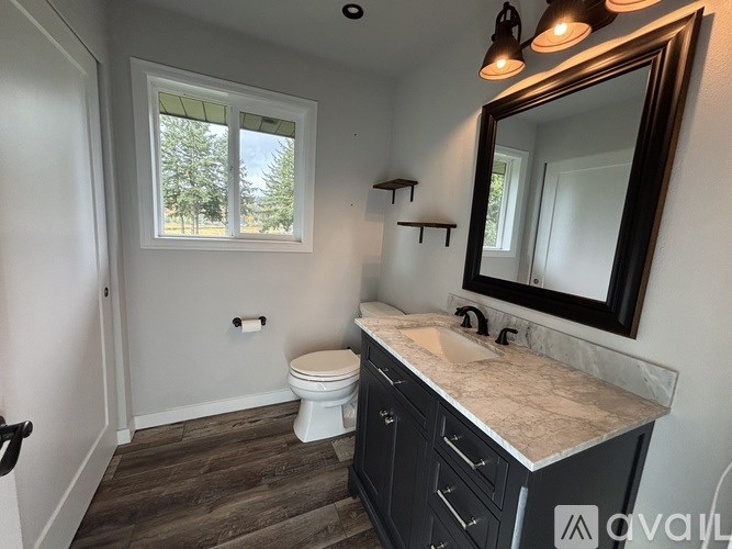 A bathroom with a toilet, sink, and mirror.