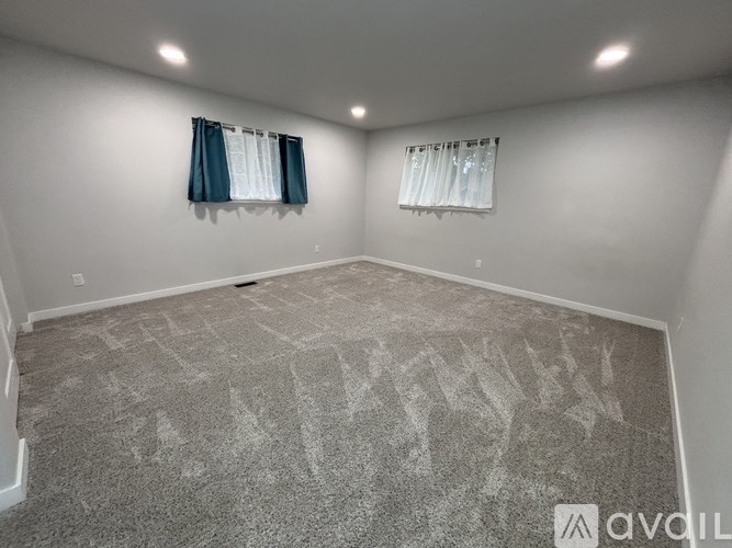 A room with a carpeted floor and two windows with curtains.
