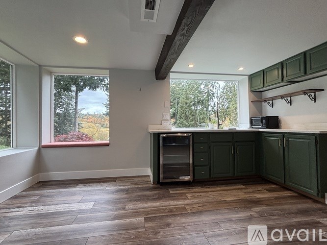 A kitchen with green cabinets and a wooden floor.