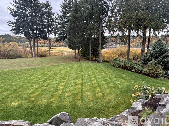 A well-maintained lawn with a stone wall and trees in the background.