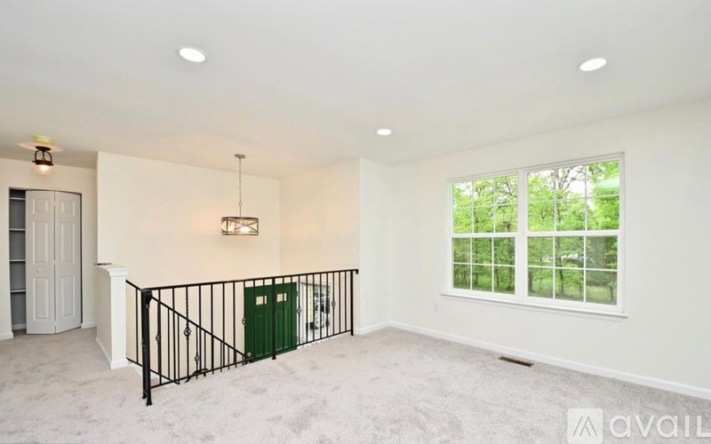 A room with a white ceiling, a green door, and a window with a view of trees.