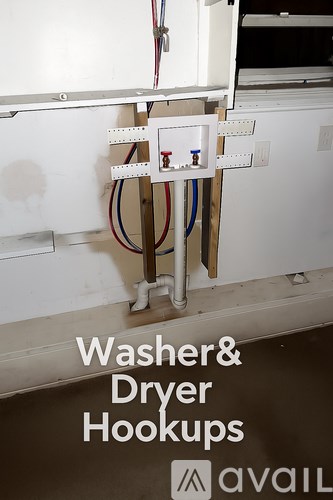 A white washer and dryer hookup box with the text "Washer & Dryer Hookups" and a logo.