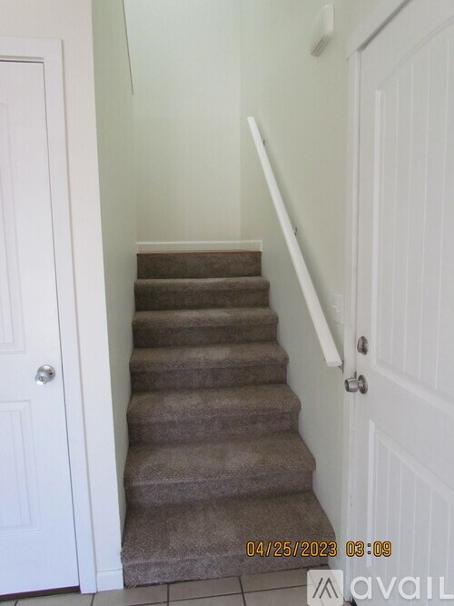 A staircase with a carpeted runner and white handrails.
