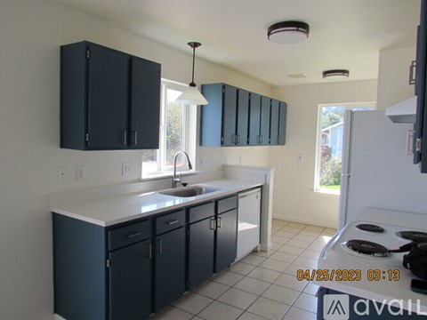 A kitchen with black cabinets and a white countertop.