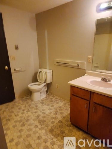 A bathroom with a toilet, sink, and mirror.