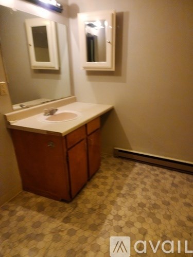 A bathroom with a sink and mirror.