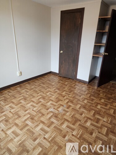 A room with a wooden floor and a brown door.