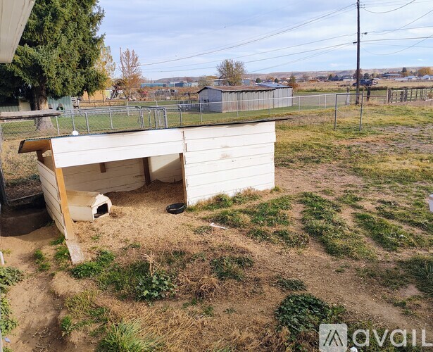 A small white shed with a brown door is situated in a grassy area.