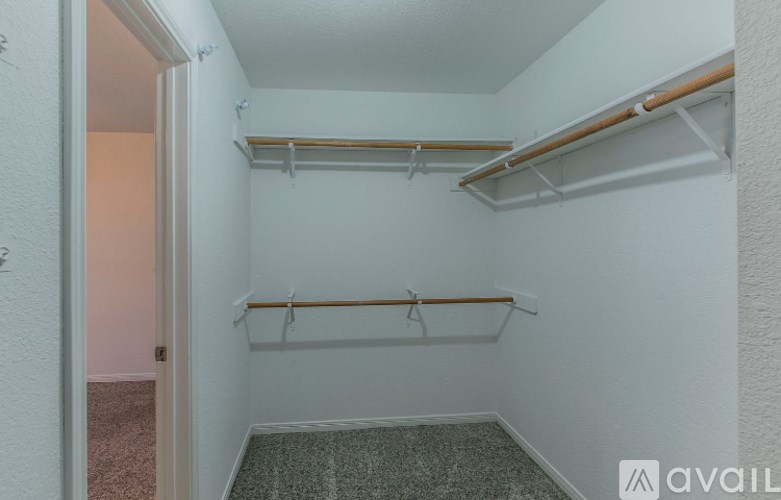 A small walk-in closet with a carpeted floor and white walls.