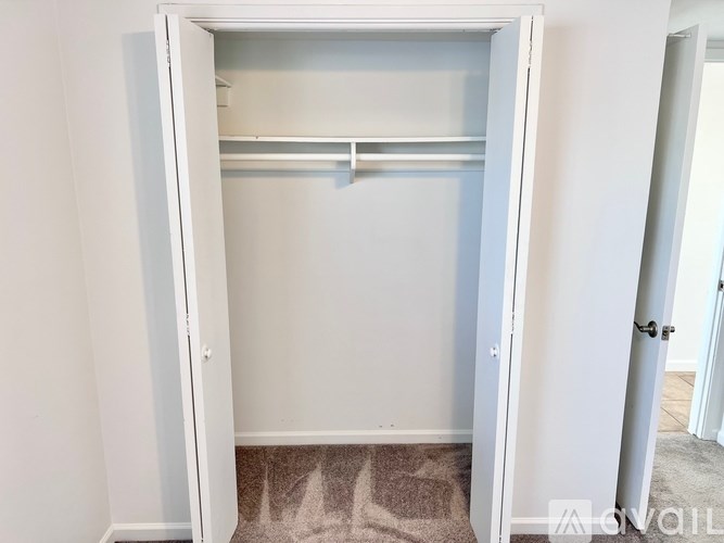 A white closet with a shelf and a carpet on the floor.