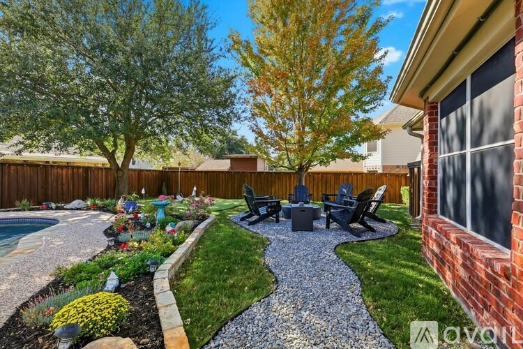 A backyard with a patio and a pool.