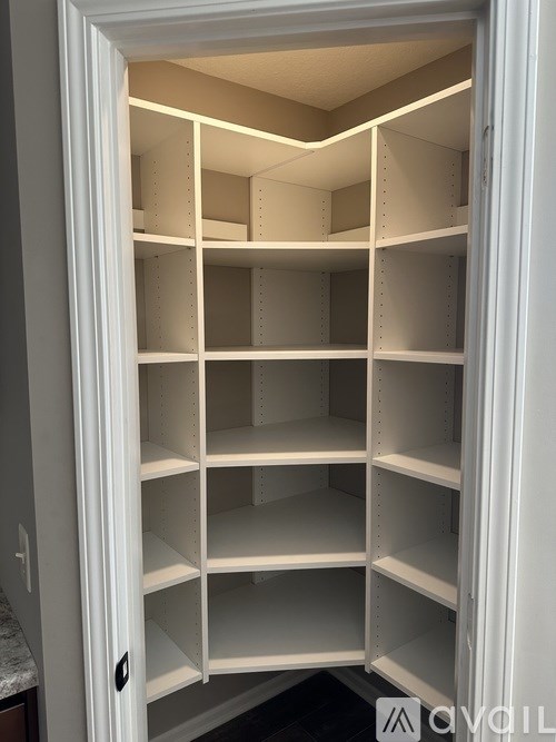 Empty white shelves in a pantry.