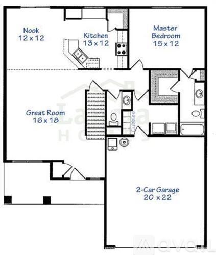 A black and white image of a house floor plan with a 2-car garage.